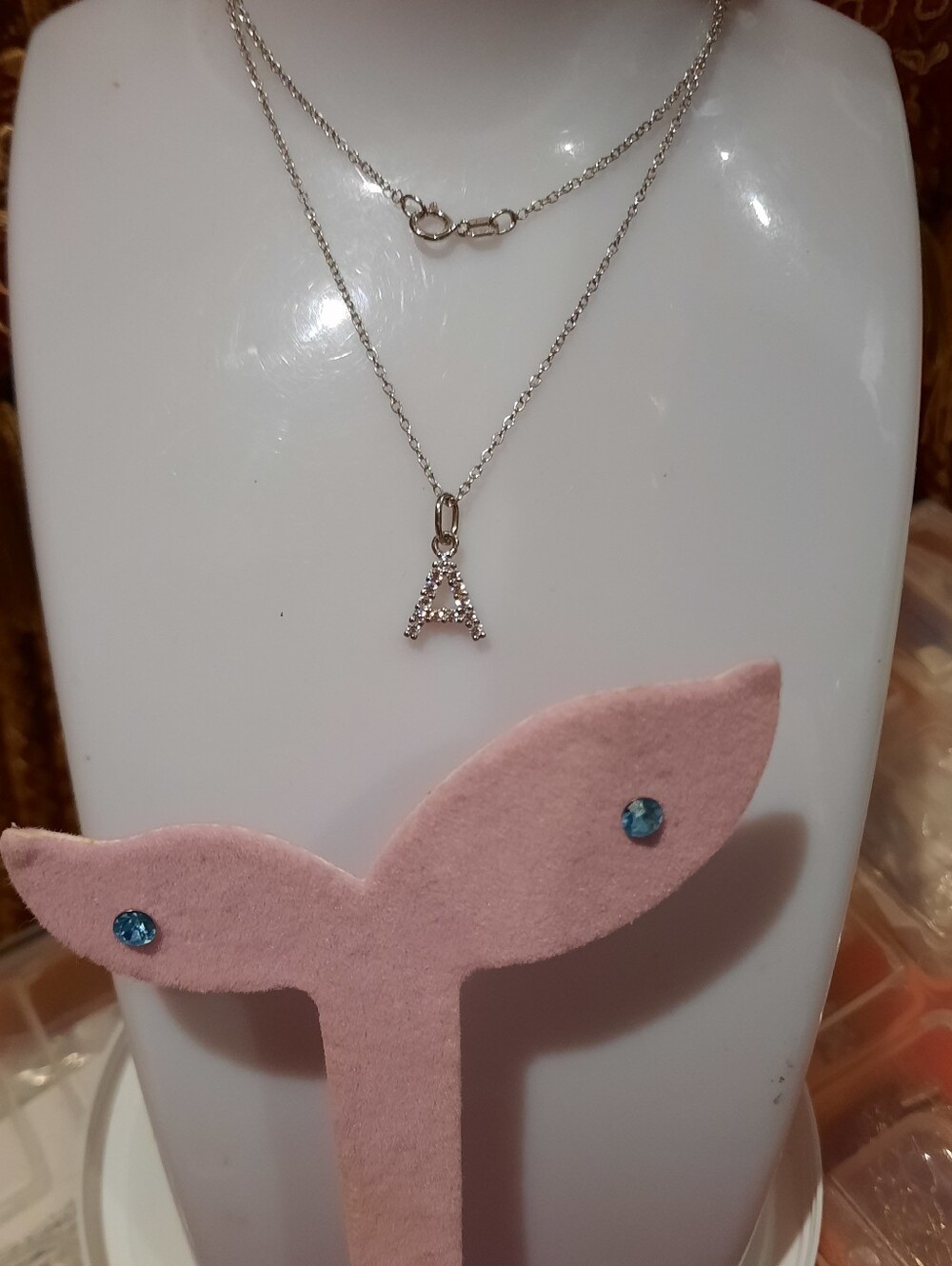 GENUINE SOLID STERLING SILVER CZ Initial "A" PENDANT 17" CHAIN CRYSTAL EARRINGS